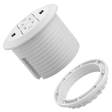 Imagem de Ilhós de energia de mesa de 3", argola USB branca com porta verde, saídas de argola redonda com 2 saídas CA e 2 portas USB de 6,5 pés Cabo de alimentação resistente