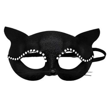 Imagem de Soochat Máscara de gato com strass – Meia máscara de gato preto chique acessório de baile de máscaras de Natal Halloween