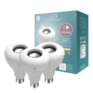 Imagem de GE Lâmpada de inundação de alto-falante LED+, para ambientes internos, Bluetooth, alto-falante e controle de luz com controle remoto, branco suave, substituição de 65 watts (pacote com 3)