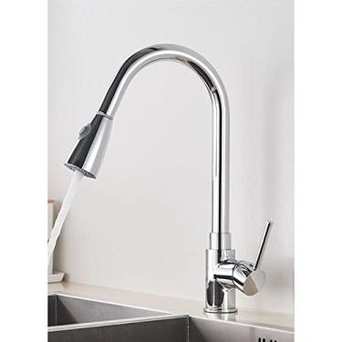 Imagem de Torneira de cozinha de níquel escovado com furo único, bico removível para pia de cozinha, torneira misturadora, cabeça de pulverização, torneira misturadora cromada/preta, cromada B