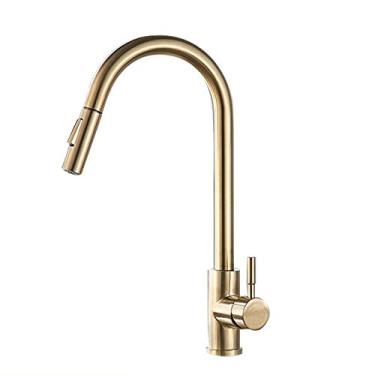 Imagem de Torneira da cozinha Misturador de água quente fria Torneira do guindaste Rotação do fluxo Lavar torneiras para cozinha Retrátil, ouro escovado, tamanho único