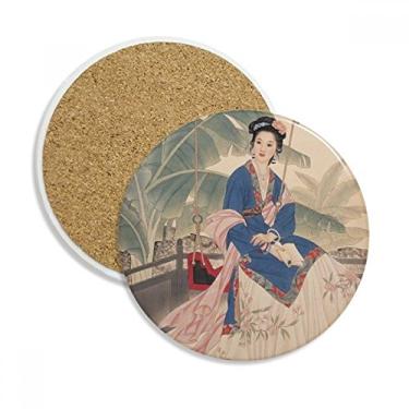 Imagem de Caneca de porta-copos com flor de folha, branca, azul, rosa, proteção de mesa, pedra absorvente