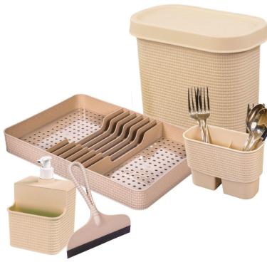 Imagem de Kit para Pia lixeira 3,3l escorredor de pratos, talheres, conj porta detergente/esponja 500ml e rodinho Tear Plasutil