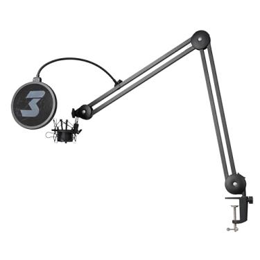 Imagem de Suporte Braço Articulado de Mesa para Microfone Condensador, feito em metal resistente, com Pop Filter e Shock Mount incluso + Grampo Tipo C