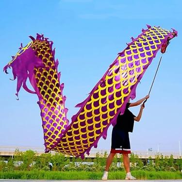 Imagem de 8 Meters (26.2 FT) Square Exercise Dance Dragon Poi with 3D Dragon Head and Swing Rope Combo, Chinese Dragon Dance Wulong Flowy Ribbon Streamer Outdoor Fitness Dragon Stage Prop Set (Golden Purple)