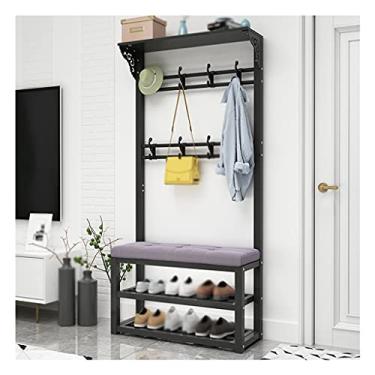 Imagem de Cabide cabideiro criativo três em um prateleira de casaco rack de sapatos banco integrado suporte de casaco de ferro doméstico, adequado para corredor quarto sala de estar suporte de casaco de pé livre (cor: preto-B)