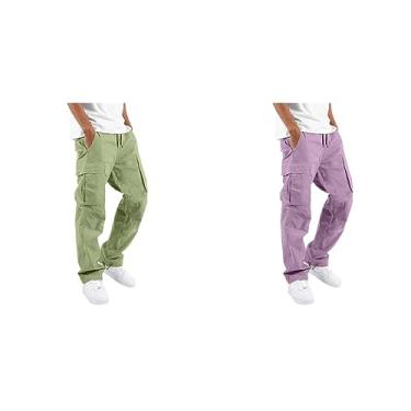 Imagem de 2 peças calças cargo casuais para homens calças esportivas ao ar livre calças casuais largas plus size calça solta com bolsos, Roxo + verde menta, XG