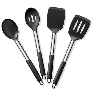 Imagem de Conjunto de 4 utensílios de cozinha E-far de silicone para panelas antiaderentes, resistentes ao calor e não tóxicos, espátula sólida para virar mistura, servir rego (preto)