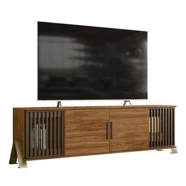 Imagem de Rack Bancada Metallic 1.9 Com Portas Ripadas E Pés De Metal Cinamomo Mel Cinamomo Mel