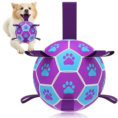 Imagem de QDAN Brinquedos de cordas para cães bola de futebol com alças, brinquedos interativos para cães para cabo de guerra, para filhotes, brinquedo de puxar para cães, brinquedo de água para cães, bolas duráveis para cães médios - azul e roxo (15 cm)