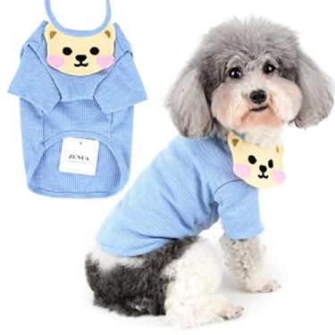 Imagem de Zunea Camisas de cachorro pequeno com lenço bandana fofo camiseta de verão roupas de cachorro roupas de algodão macio manga curta vestuário pulôver para chihuahua cachorrinho meninas meninos azul M