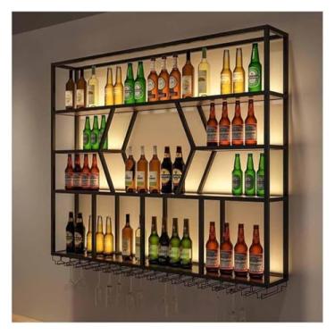 Imagem de Rack de vinho LED montado na parede, suporte de garrafa e vidro Prateleiras flutuantes de metal Cálice suspenso para casa, restaurante, bares (Cor: Preto-B, Tamanho: 150 x 20 x 125 cm)