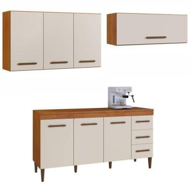 Imagem de Conjunto Balcão 3 portas 3 gavetas e 2  Armários Aéreo Marrom/Off White