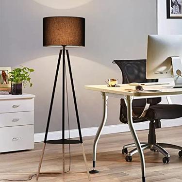 Imagem de LUSTORM 1 Candeeiro de pé moderno com prateleira para sala de estar, candeeiro de pé anexado à mesa para quarto, tripé de madeira com abajur de tecido preto industrial (sem lâmpada E27)