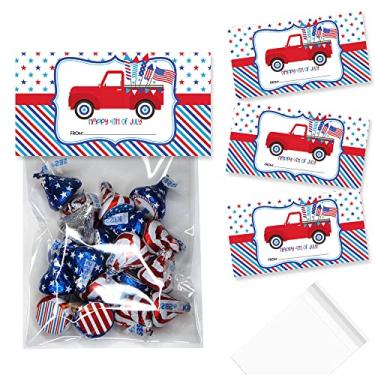Imagem de Amanda Creation Camionete vermelha Happy 4th of July Toppers para lembrancinhas de festa, conjunto de 20 topos de saco com 20 sacos autoadesivos também incluídos