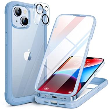 Imagem de Miracase Capa Glass Series projetada para iPhone 14 Plus de 6,7 polegadas, capa amortecedora transparente de corpo inteiro com protetor de tela de vidro temperado 9H integrado e 2 peças de protetor de lente de câmera, Sierra Blu