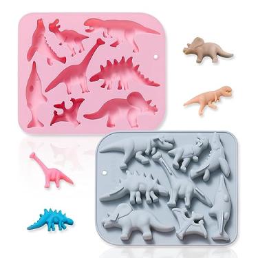 Imagem de 2 peças de moldes de silicone de dinossauro fofo desenho infantil 3D Dino Chocolate Gummy Tray 8 cavidades doce fondant molde ferramentas de decoração de bolos DIY sabão artesanal para decoração de