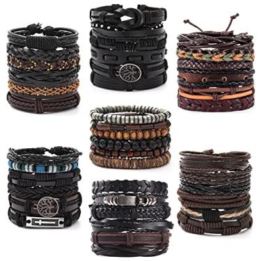 Imagem de FIRAZIO Conjunto de pulseiras de couro trançado para homens e mulheres, 42 peças, pulseiras de madeira, pulseiras de cânhamo, étnicas tribais feitas à mão, Couro, Sem pedras preciosas