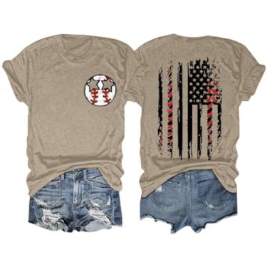 Imagem de Camisetas femininas de verão com estampa de beisebol, caimento solto, manga curta, gola redonda, blusa casual de beisebol, Caqui, GG