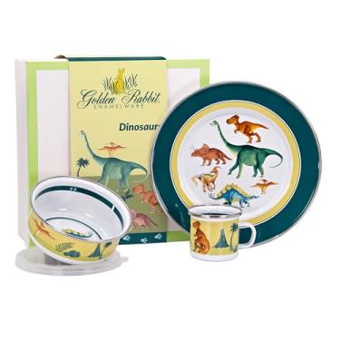 Imagem de Golden Rabbit Conjunto de louça infantil esmaltada: prato, caneca e tigela com tampa, dinossauros