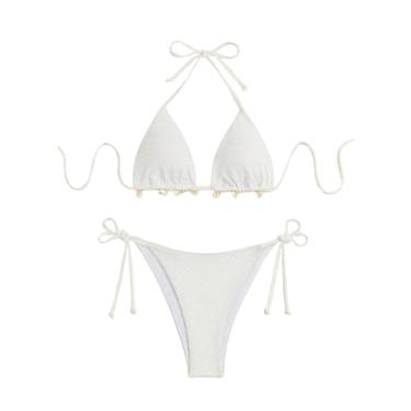 Imagem de SHENHE Conjunto de biquíni triangular, feminino, verão, 2 peças, frente única, laço lateral, maiô sexy, Branco, G