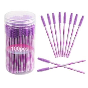 Imagem de 100 varinhas de rímel de silicone, varinha de rímel descartável, carretel de silicone macio para extensões de cílios, mastro de dois tons com recipiente (roxo)
