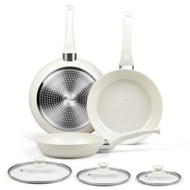 Imagem de Conjunto de frigideiras antiaderentes de cerâmica – frigideiras brancas com tampas, frigideiras de indução para ovos e omeletes, panelas saudáveis, não tóxicas, sem PFOA e PFAS