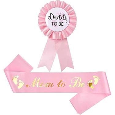 Imagem de Akebrog Kit combo Baby Shower Mom To Be Sash And Tinplate Badge Daddy To Be, presentes de festa reveladores de gênero de bebê (rosa claro)