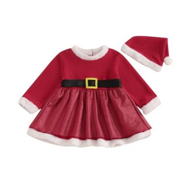Imagem de Vestidos fofos de manga comprida com gola de pelúcia com chapéu de Papai Noel, roupa de Natal para recém-nascidos, Vermelho, 6-12 Months