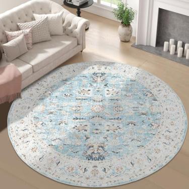 Imagem de jinchan Tapete redondo de 2,12 m Tapete lavável - Boho Vintage Floral Circle Tapete redondo de 2,8 m de pilha baixa antiderrapante antiderrapante para cozinha, sala de estar, quarto, sala de jantar,