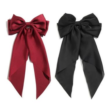 Imagem de SUSULU Presilhas de cabelo de cetim sedoso para mulheres grande arco slides de cabelo clipes de metal prendedor francês cauda longa macia cor lisa laço laço grampo de cabelo segurando cabelo 90 acessórios 2 peças vinho preto