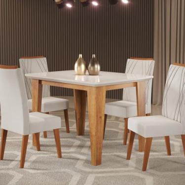 Imagem de Mesa de Jantar Retangular Divine com Vidro 1,20x90 e 4 Cadeiras Vegas em Madeira Maciça Mel/Off White/Marfim