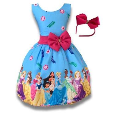 Imagem de Vestido Infantil Temático Princesas Azul Luxo Festa + Tiara  - Pequeno