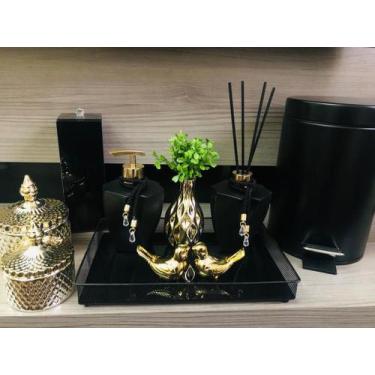 Imagem de Kit Lavabo Preto Dourado Lixeira Porta Escovas Potes Aroma Sabonete - 