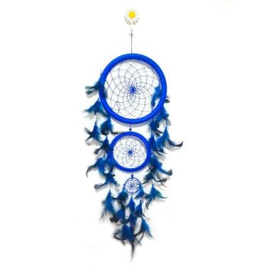 Imagem de Lindo Filtro Dos Sonhos Grande 3 Aros pena azul anil Apanhador decoraç