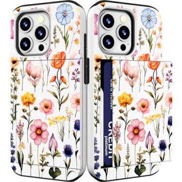 Imagem de IWONE Capa compatível com iPhone 15 Promax fofa com porta-cartões à prova de choque Slim Slot Phone 15 Pro Max capa carteira para mulheres/elegante rosa peônia flor verão floral pastel