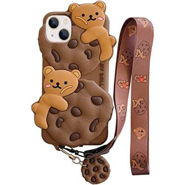 Imagem de Yatchen Capa de urso para iPhone 13, capa de telefone kawaii fofo de ursinho de biscoito com desenho 3D com alça de chaveiro, cordão engraçado, protetor de silicone macio para mulheres e meninas para