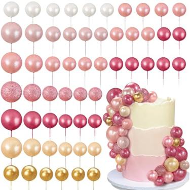 Imagem de 56 peças de topo de bolo colorido em forma de bola bolas de pérola enfeite de bolo de cupcake para artigos de decoração de casamento de festa de aniversário (série rosa e sete cores)
