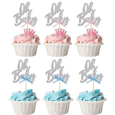Imagem de 24Pcs Oh Baby Cupcake Toppers Glitter Baby Shower Cupcake Picks with Pink Blue Bow for Gender Reveal Baby Shower Kids Boys Girls Birthday Party Cake Decorations Supplies Rose Gold