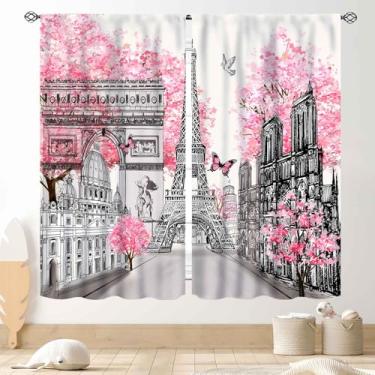 Imagem de Cortinas rosa de Paris, paisagem da cidade europeia, paisagem da Torre Eiffel, marco famoso da paisagem urbana romântica moderna cortina de janela para meninas mulher quarto sala de estar cozinha