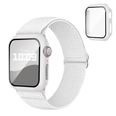 Imagem de Pulseira 3 em 1 compatível com Apple Watch de 44 mm com capa e protetor de tela, pulseira esportiva de nylon elástico e capa com vidro temperado 9H para Apple Watch Series SE SE2 9 8 7 6 5 4 homens e