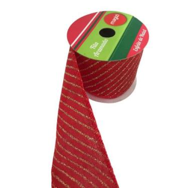 Imagem de Rolo de Fita Vermelho c/Glitter Dourado p/Natal e Decorações - magizi
