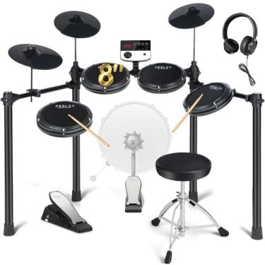 Imagem de Fesley Kit Bateria Eletrônica, Bateria Electronica Musical com 4 pads de bateria de malha, Electronic Drum Set with Dual Area Snare Drum, Electric Drum Sets with Trono de bateria, MIDI, auscultadores