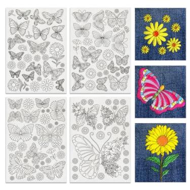 Imagem de BENECREAT 4 folhas, 111 peças, girassóis, borboleta, bordado solúvel em água, 29,7 x 21 cm, bastão de gato margarida e costura para bordado, estabilizador de papel para camisas, casacos, bolsas
