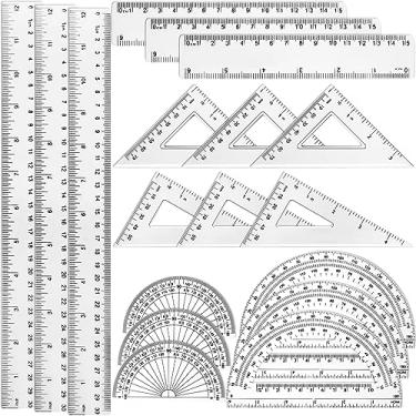 Imagem de Tenare Conjunto de matemática transparente de plástico com 18 peças, inclui réguas triangulares de 30 cm e 15 cm, geometria reta, matemática, régua transparente, ferramenta de medição para escola,