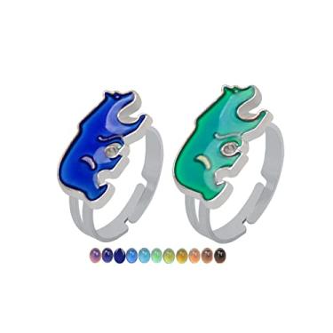 Imagem de COLORFUL BLING 2 peças de anéis de humor ajustáveis com desenho fofo borboleta tartaruga mudança de cor dinossauro emoção sensação anéis de dedo para presentes femininos, Metal, Liga metálica.