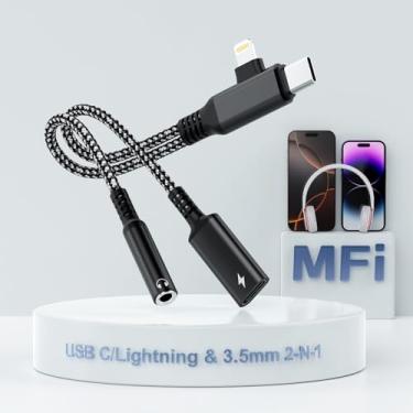 Imagem de Adaptador Lightning USBC 2 em 2 para fone de ouvido e carregador de 3,5 mm, certificado MFi, USB C para conector de áudio auxiliar com conector de carregamento rápido PD 60W, adaptador de fone de