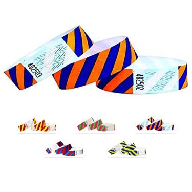 Imagem de Pulseiras feitas de Tyvek - Listradas - Pacote com 500 - Laranja Neon + Azul - Pulseiras Tyvek de 1,9 cm para Eventos