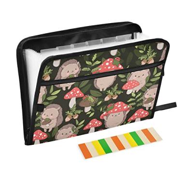 Imagem de ZZKKO Pasta de arquivo expansível com 13 bolsos, porco-espinho fofo e cogumelos com etiquetas adesivas, pasta de arquivos sanfonada, organizador de documentos, tamanho carta A4, papel expansível