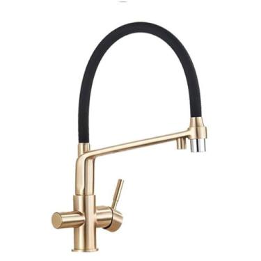 Imagem de Torneira de cozinha com filtro, ouro escovado, 360 torneiras giratórias de água pura para cozinha, torneira misturadora de água de purificação preta, dourada escovada